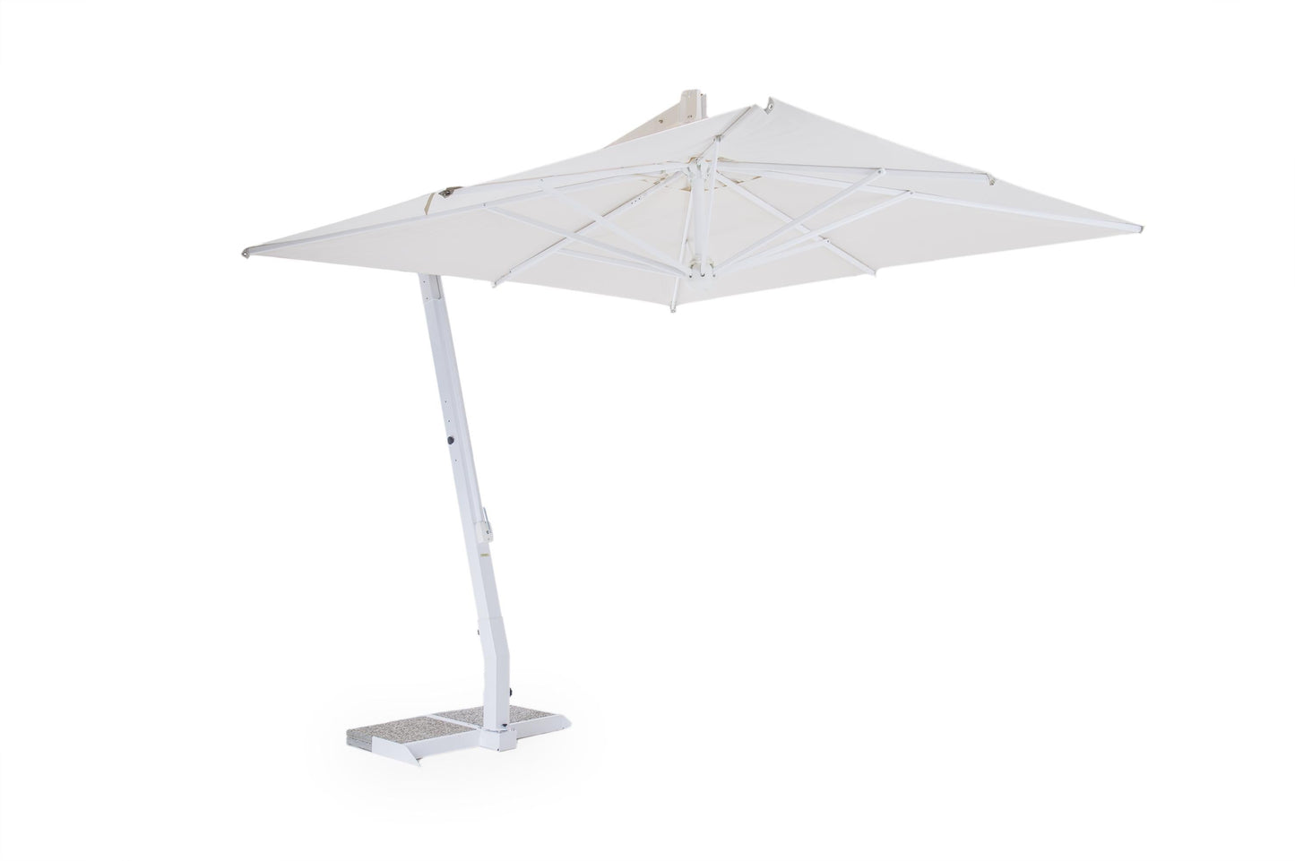 White patio umbrella with a stand on a white background