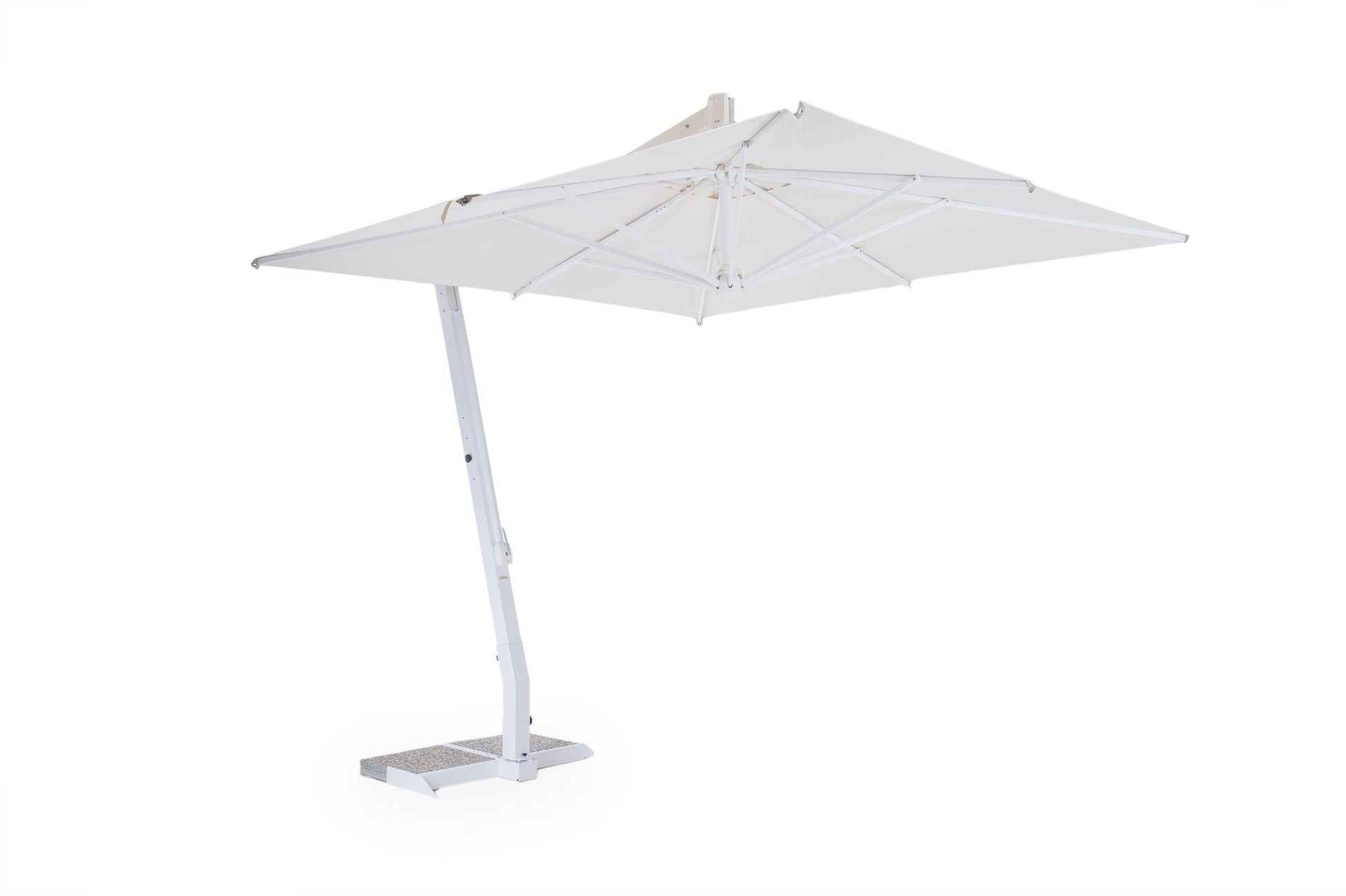 White patio umbrella with a stand on a white background