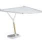 White patio umbrella with wooden base on a white background