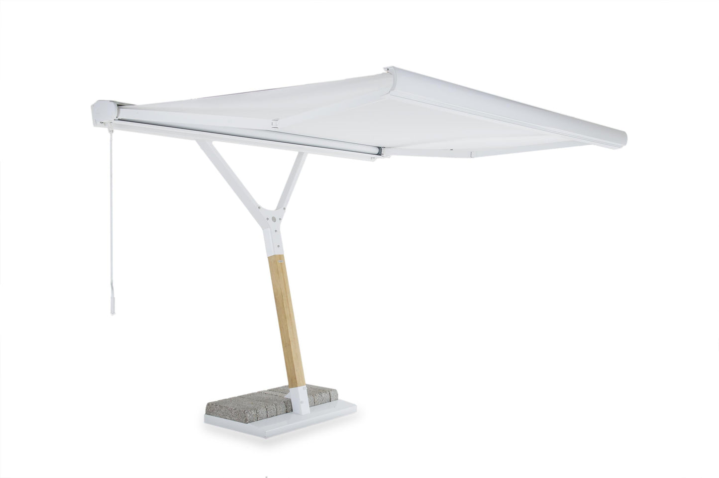 White patio umbrella with wooden base on a white background