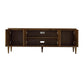 Wooden entertainment console with open doors on a white background
