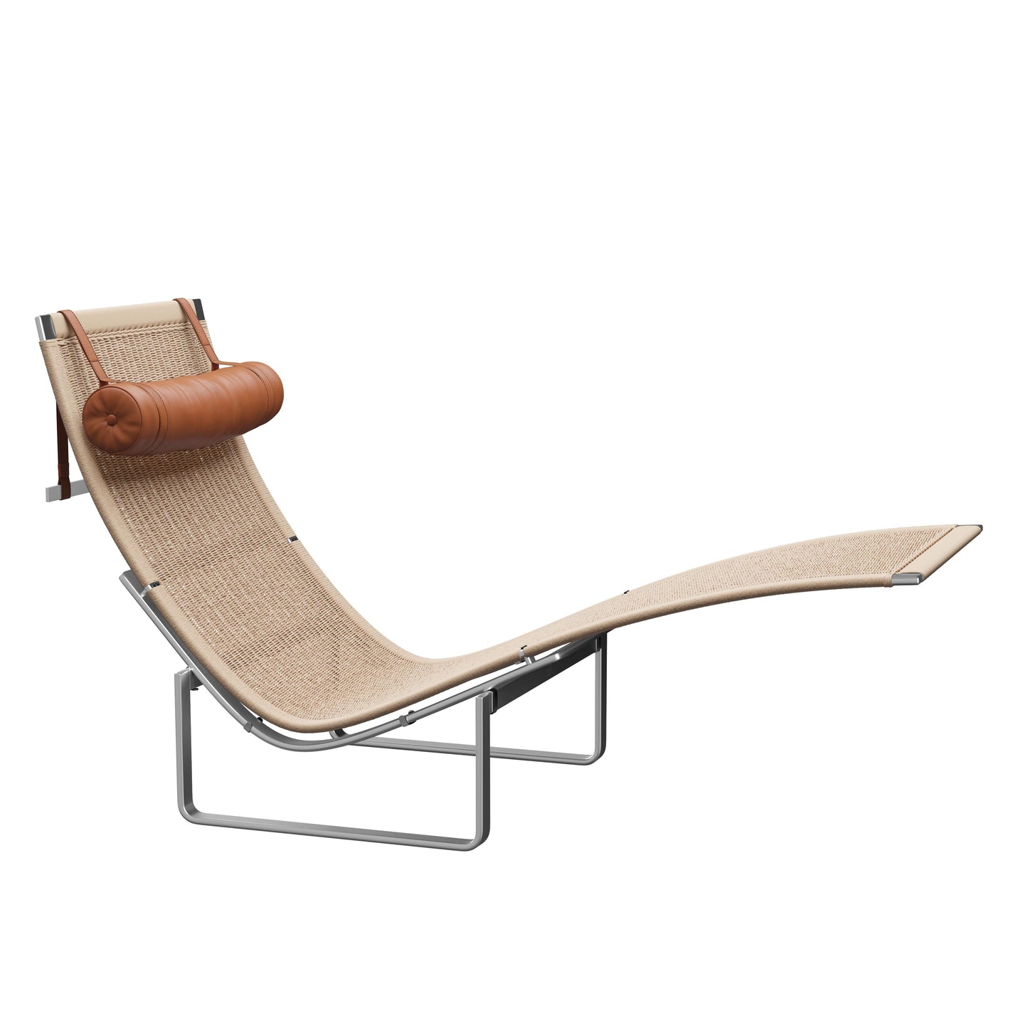 Modern lounge chair with wicker seat and brown leather armrest on a white background