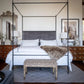 Neatly made bed with a canopy in a bedroom setting.