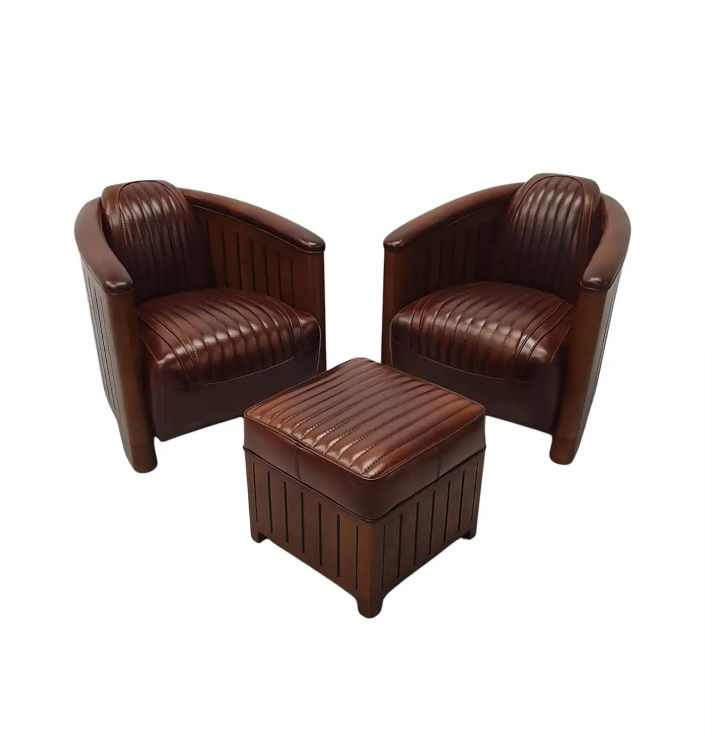 Two brown leather armchairs with a matching ottoman on a white background