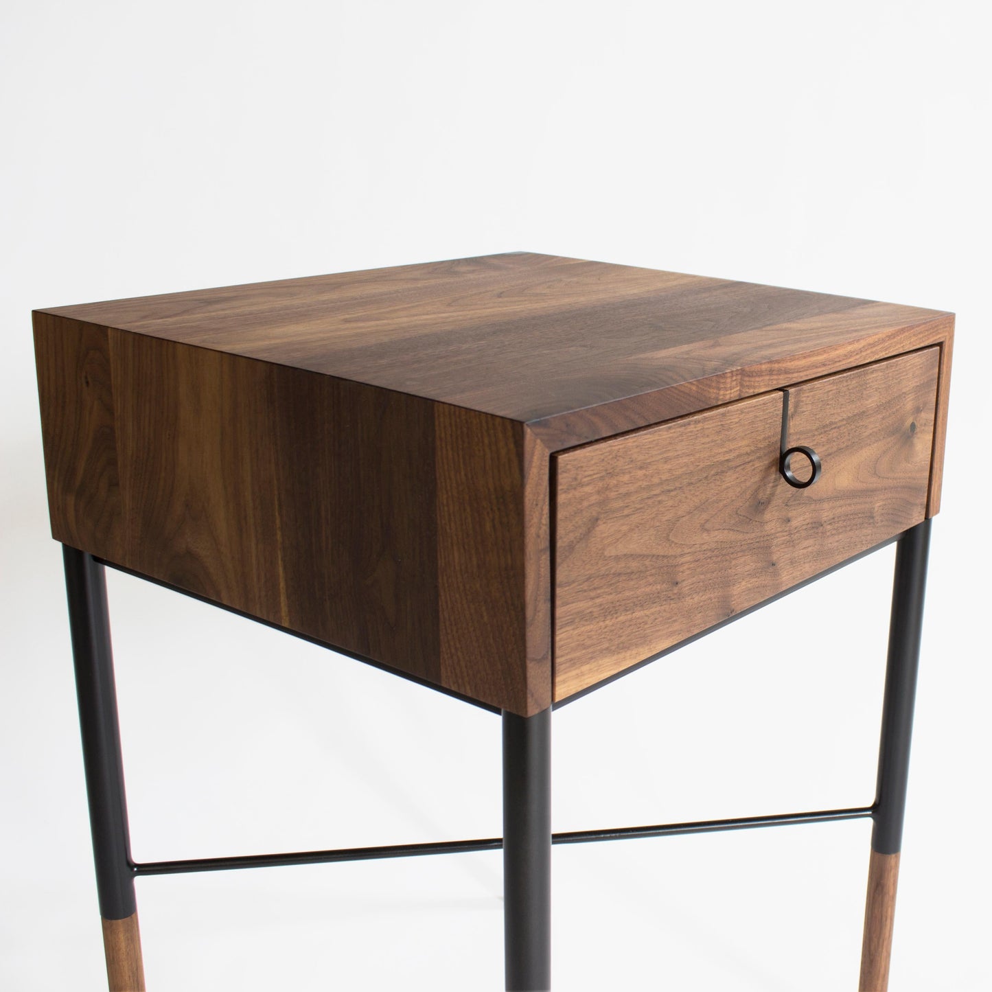 Phillip Walnut Nightstand – Solid Wood with Blackened Steel Accents
