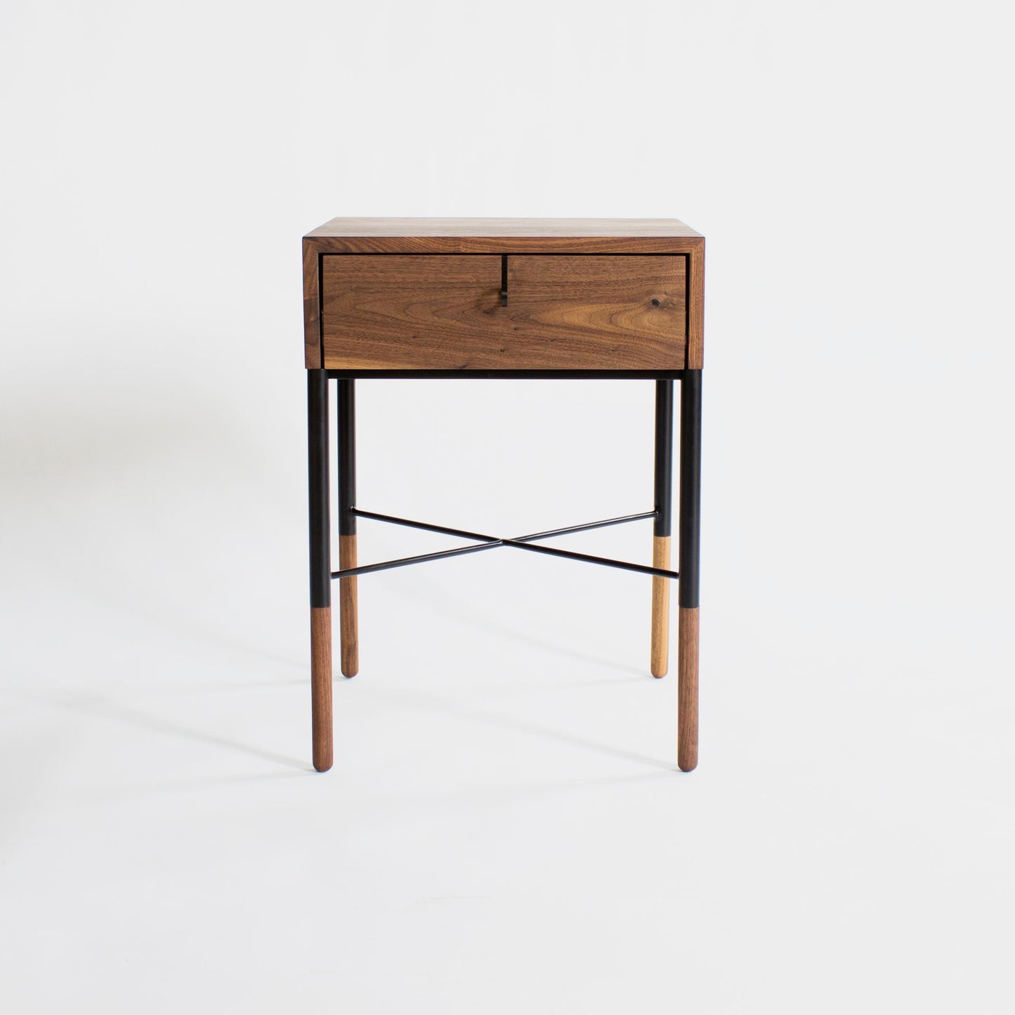 Phillip Walnut Nightstand – Solid Wood with Blackened Steel Accents