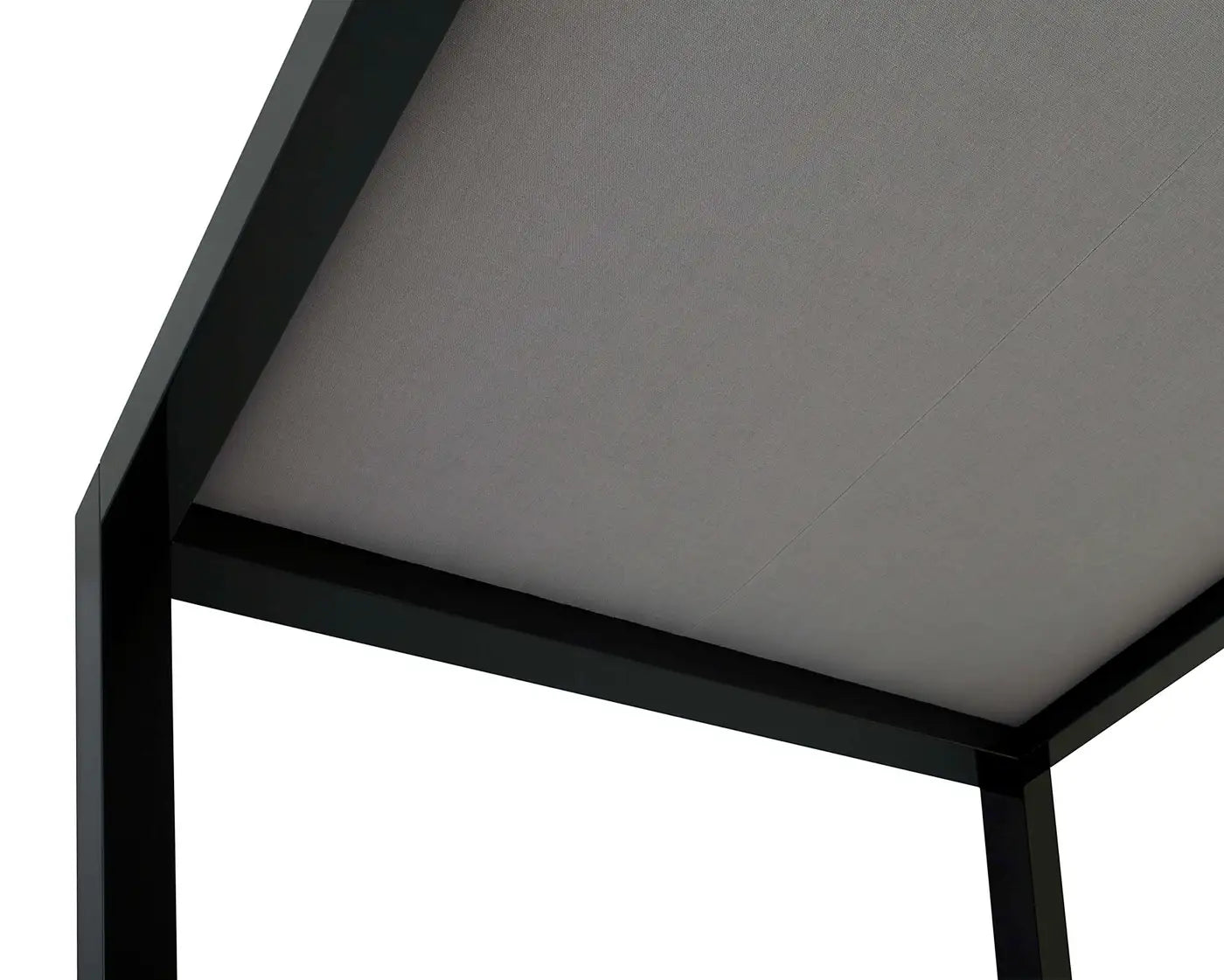 Black metal frame with a gray fabric covering on a white background