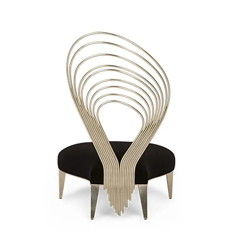 Modern chair with a unique, curved metallic backrest on a white background