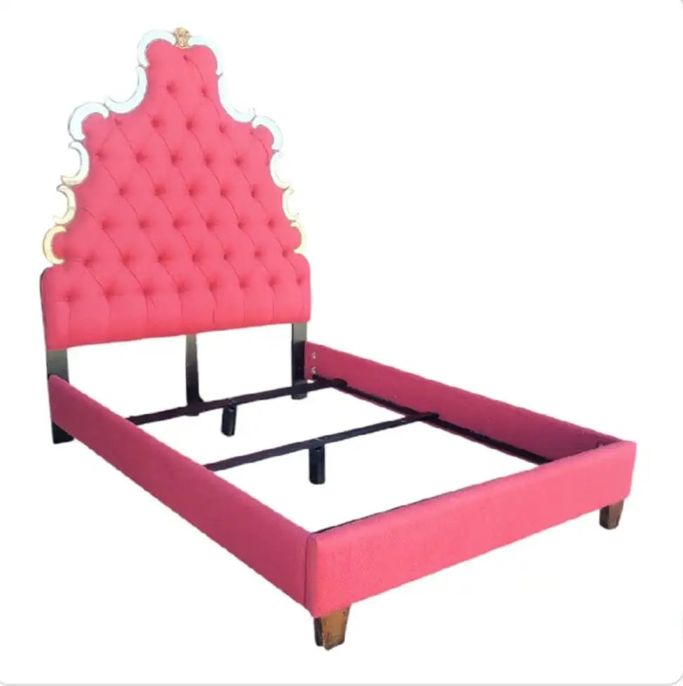 Custom Upholstered Queen Raspberry Schumacher Antique Mirrored queen bed frame