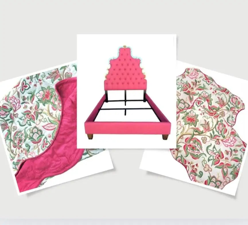 Custom Upholstered Queen Raspberry Schumacher Antique Mirrored queen bed frame