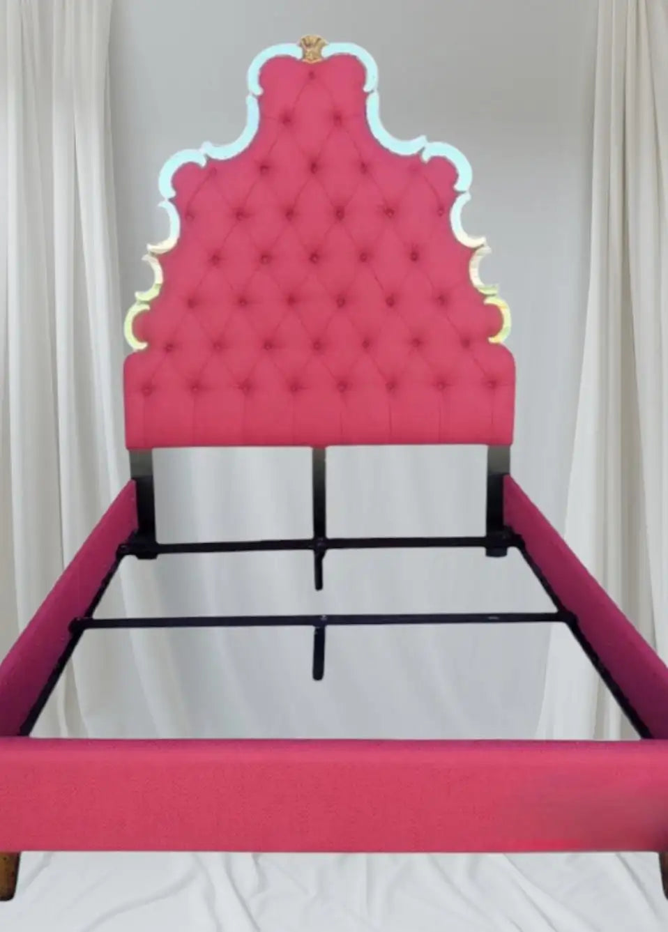 Custom Upholstered Queen Raspberry Schumacher Antique Mirrored queen bed frame