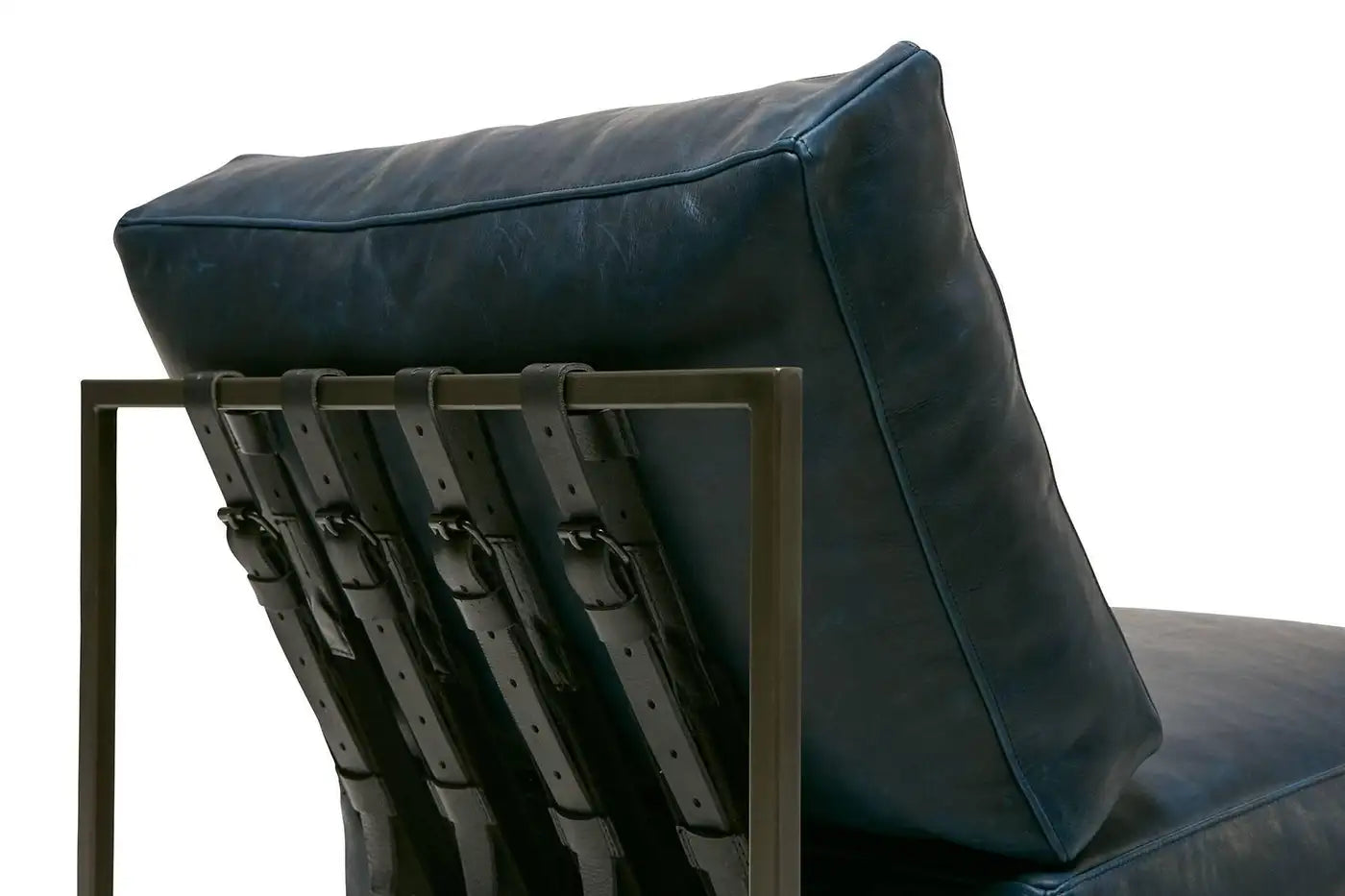 Blue leather chair with metal frame on a white background