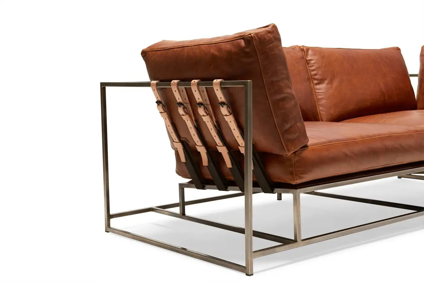 Potomac Tan Leather and Antique Nickel Two Seat Sofa with Charcoal Belting