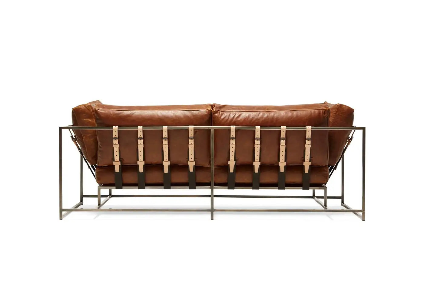 Potomac Tan Leather and Antique Nickel Two Seat Sofa with Charcoal Belting