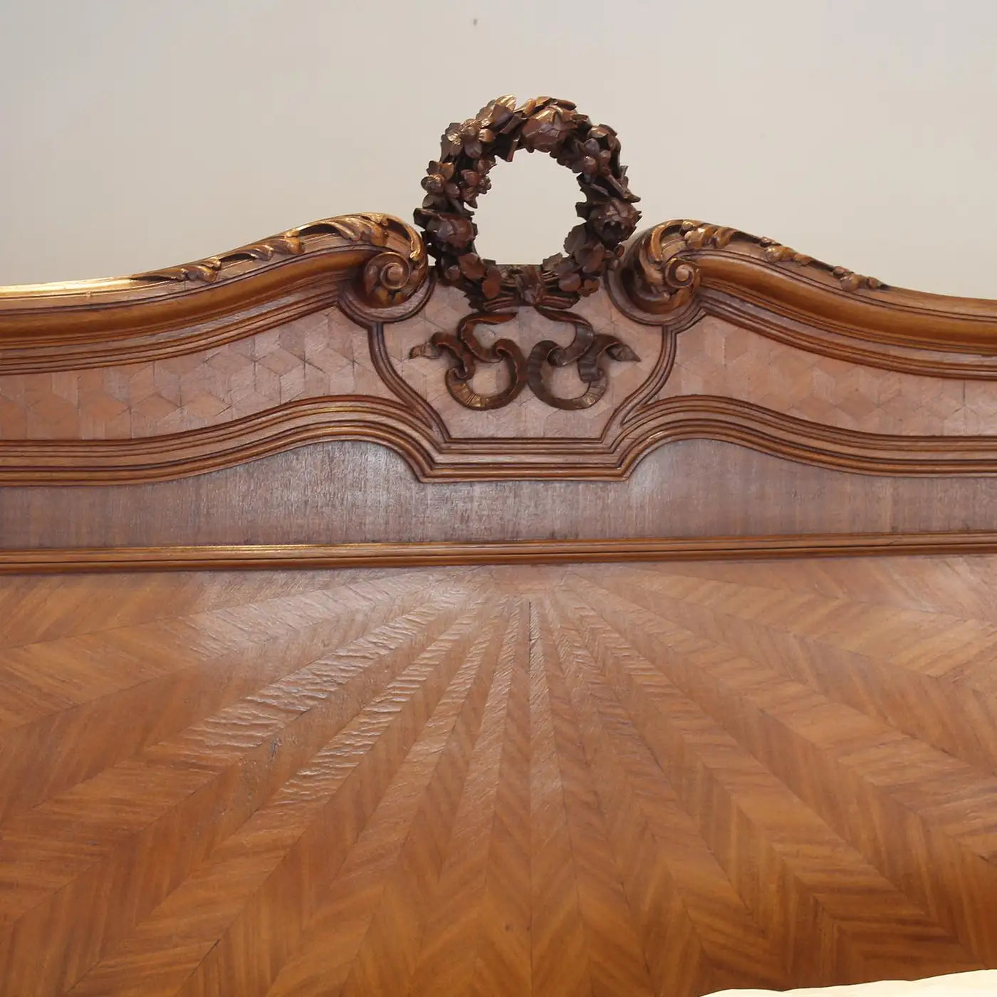 Art Deco Fruitwood Antique Bed with Parquetry & Sunburst Inlay, WK196