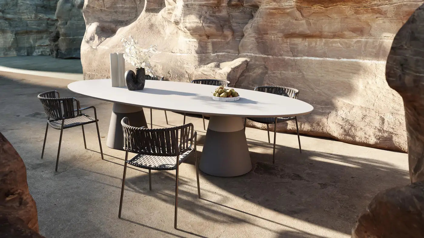 Outdoor Elliptical Dining Table with Brushed Travertine Effect