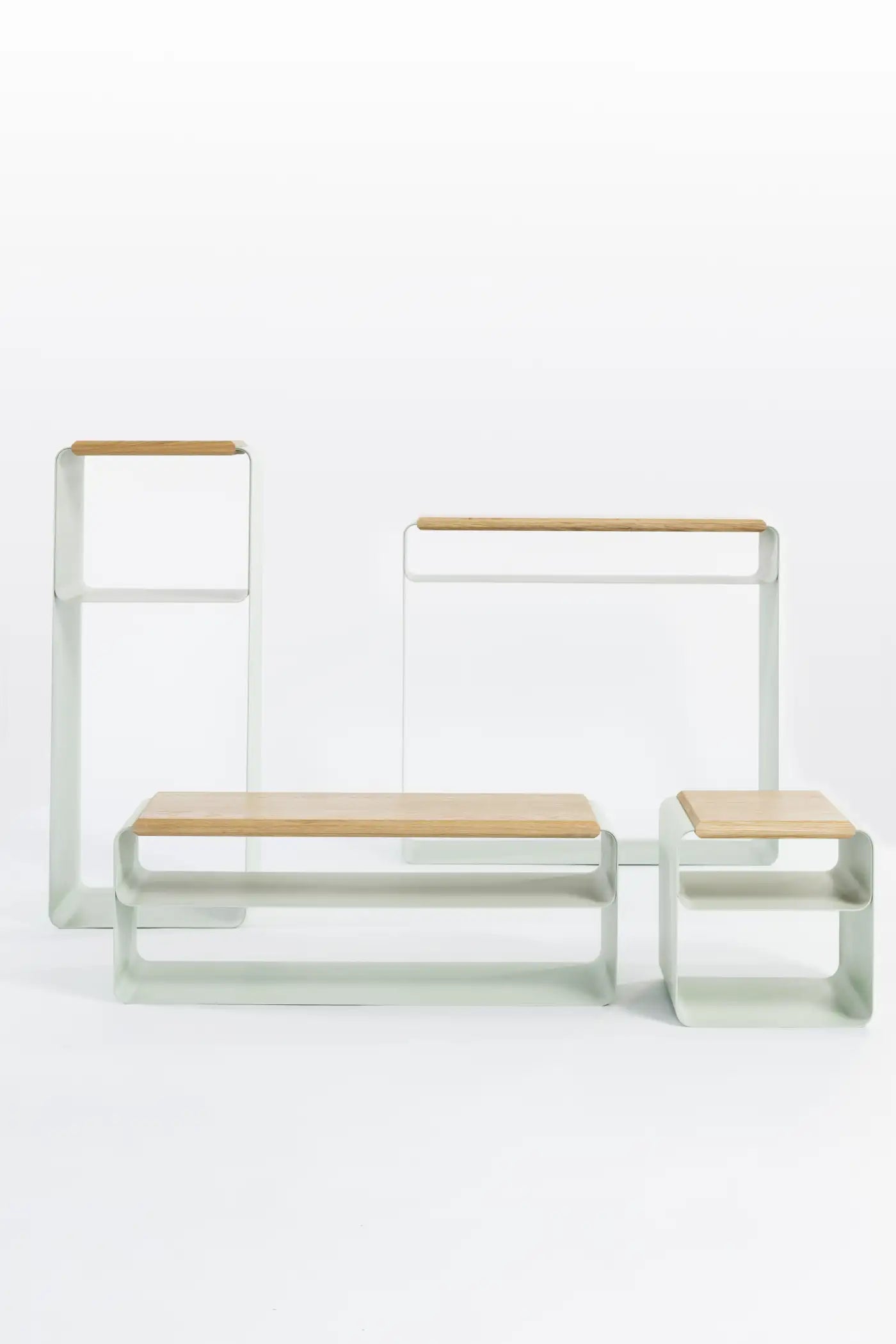 Modern furniture set with metal frame and wooden seats on a white background