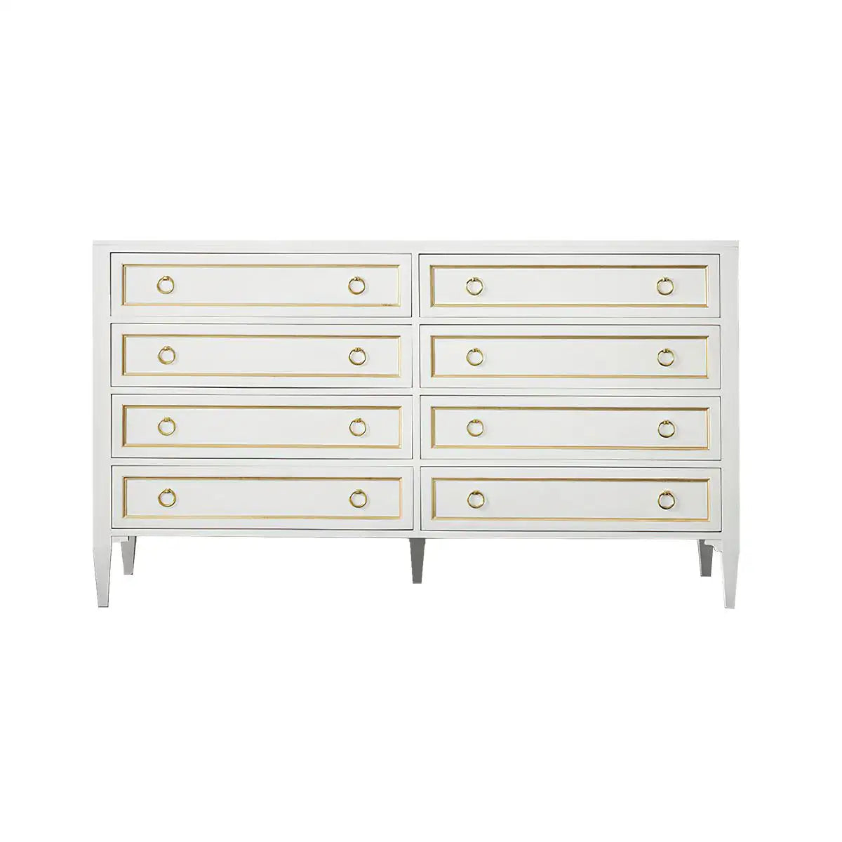 White dresser with gold accents on a white background