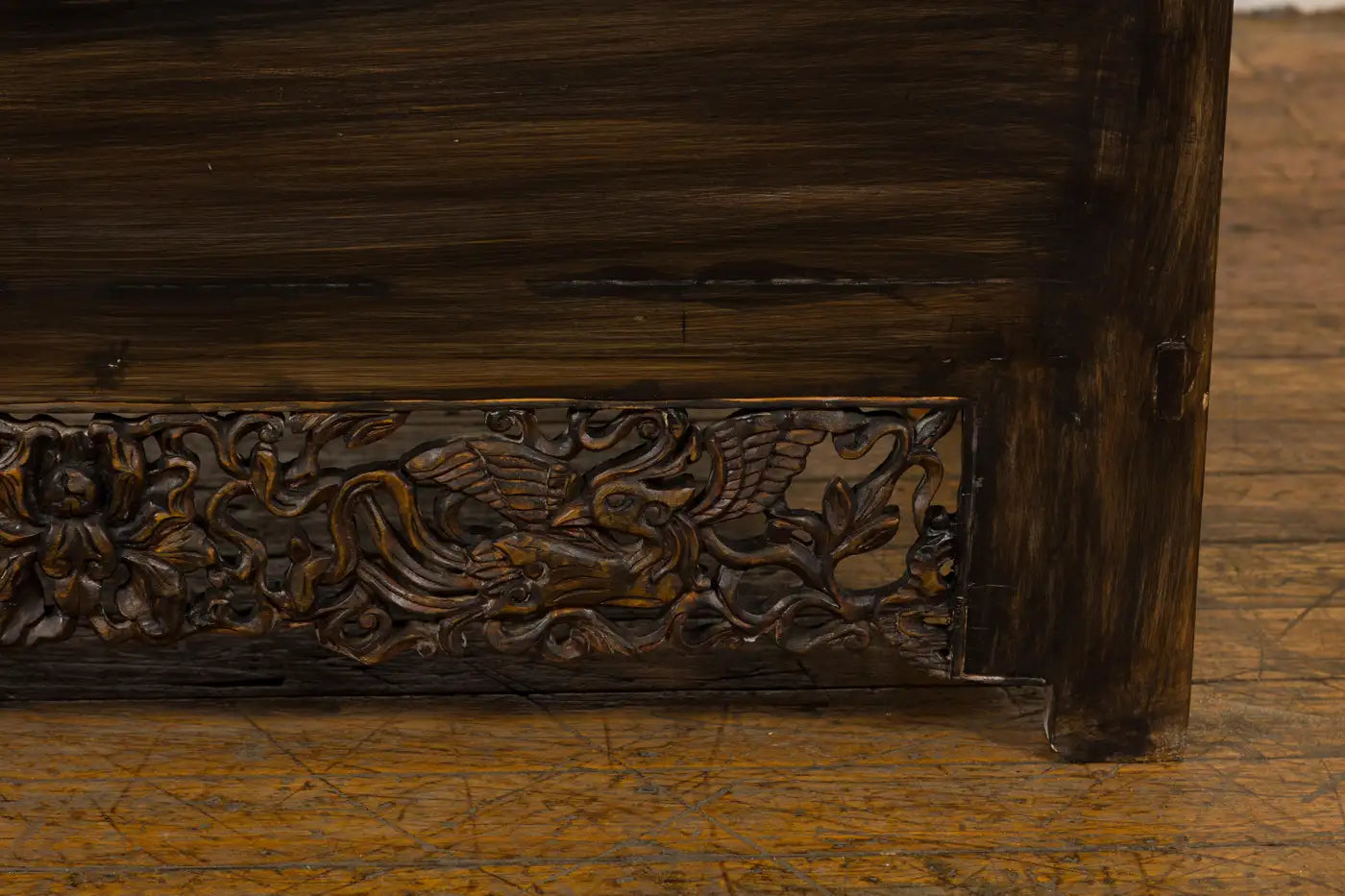 ANTIQUE CHINESE QING DYNASTY CABINET WITH CARVED APRON AND BIRDS