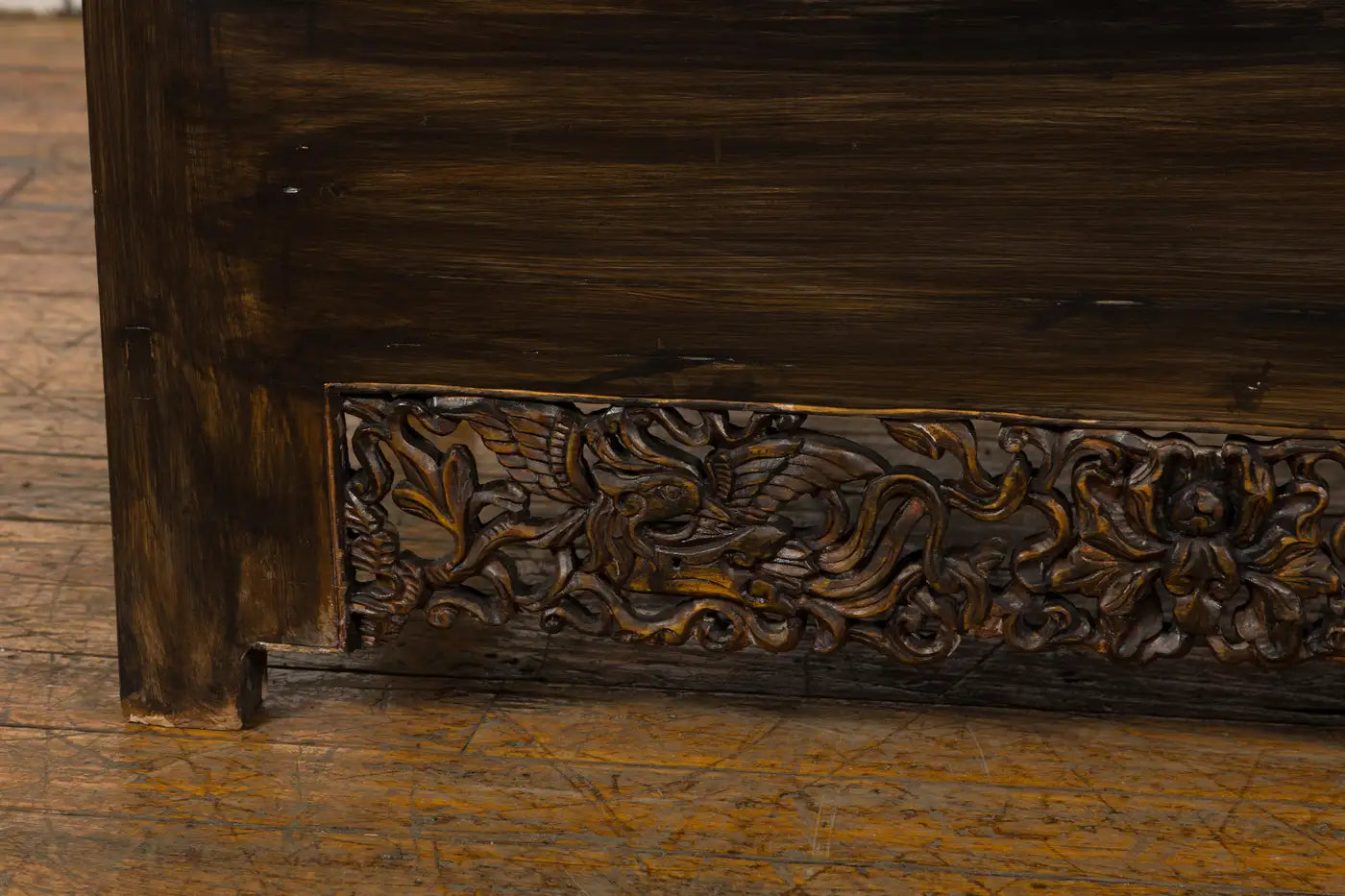 ANTIQUE CHINESE QING DYNASTY CABINET WITH CARVED APRON AND BIRDS