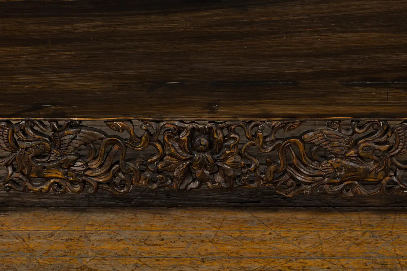 ANTIQUE CHINESE QING DYNASTY CABINET WITH CARVED APRON AND BIRDS