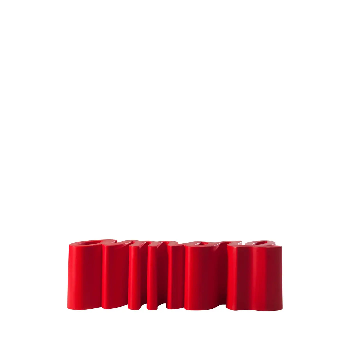 Red, wavy-patterned object on a white background