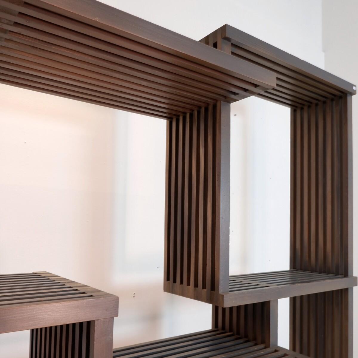 Vintage 1980s Asymmetrical Stained Wood Shelf – Room Divider