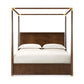 Four-poster bed with wooden frame and white bedding on a white background