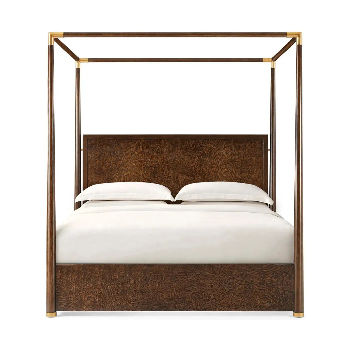 Four-poster bed with wooden frame and white bedding on a white background