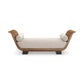 Modern chaise lounge with wooden frame and white cushion on a white background