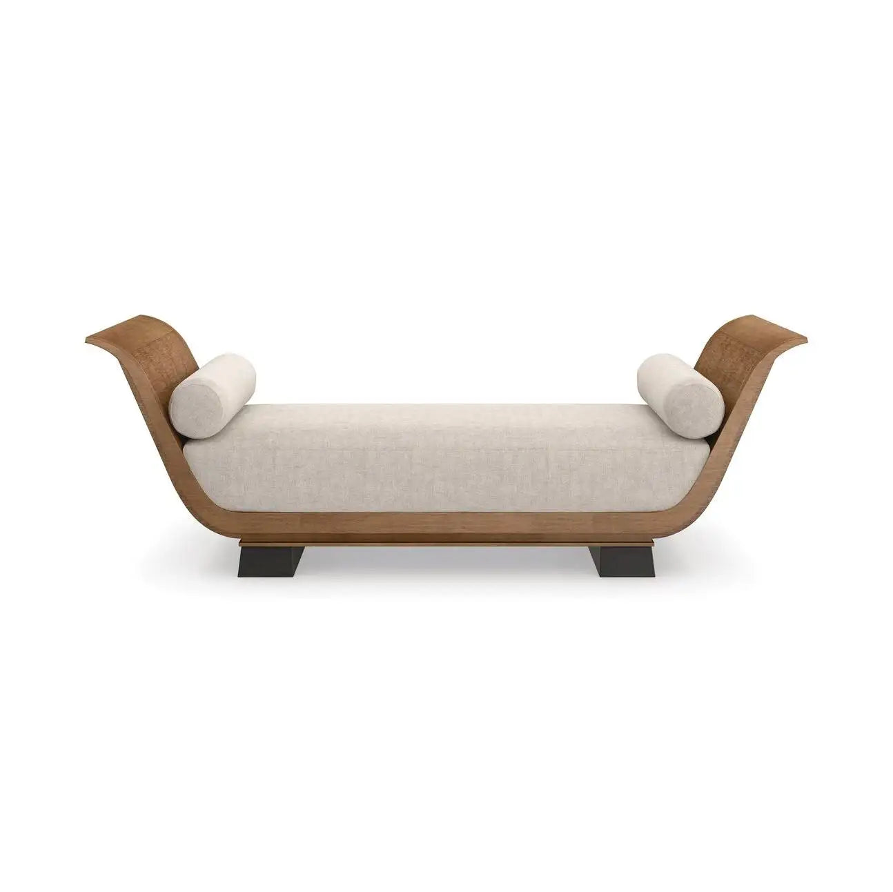 Modern chaise lounge with wooden frame and white cushion on a white background