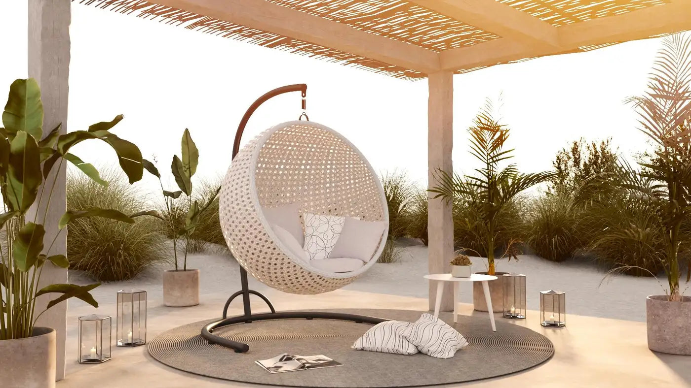 360° Rotating Outdoor Cocoon Chair in Open Cane Webbing