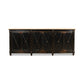 Dark wooden sideboard with decorative paneling on a white background