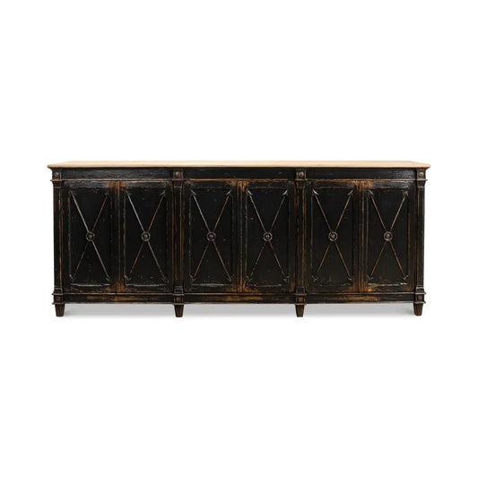 Dark wooden sideboard with decorative paneling on a white background