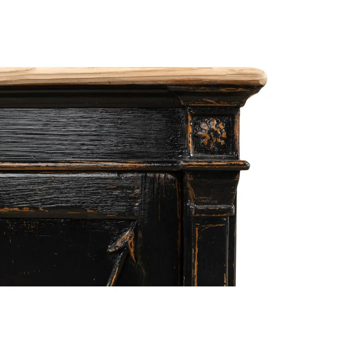 LONG DIRECTOIRE STYLE ANTIQUED BLACK BUFFET – 6-DOOR PINE SIDEBOARD