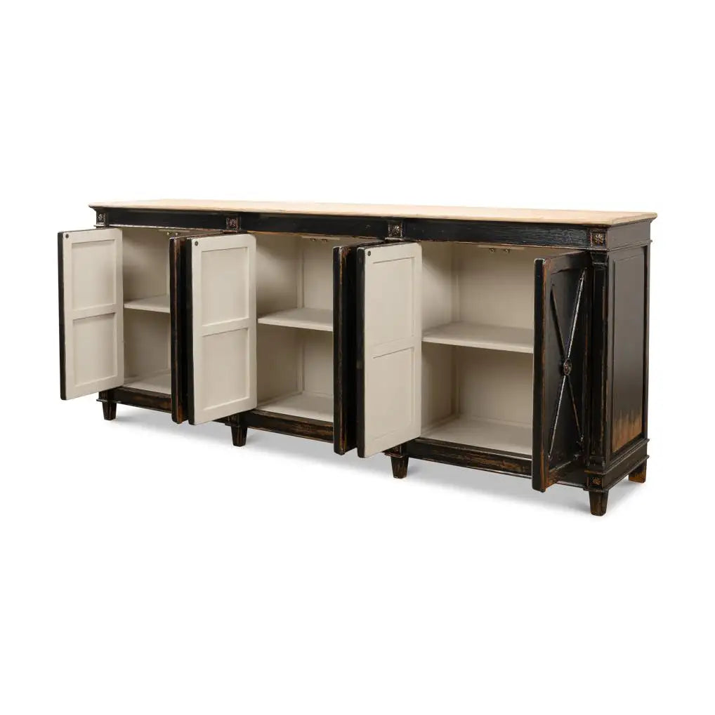 Wooden sideboard with open doors on a white background