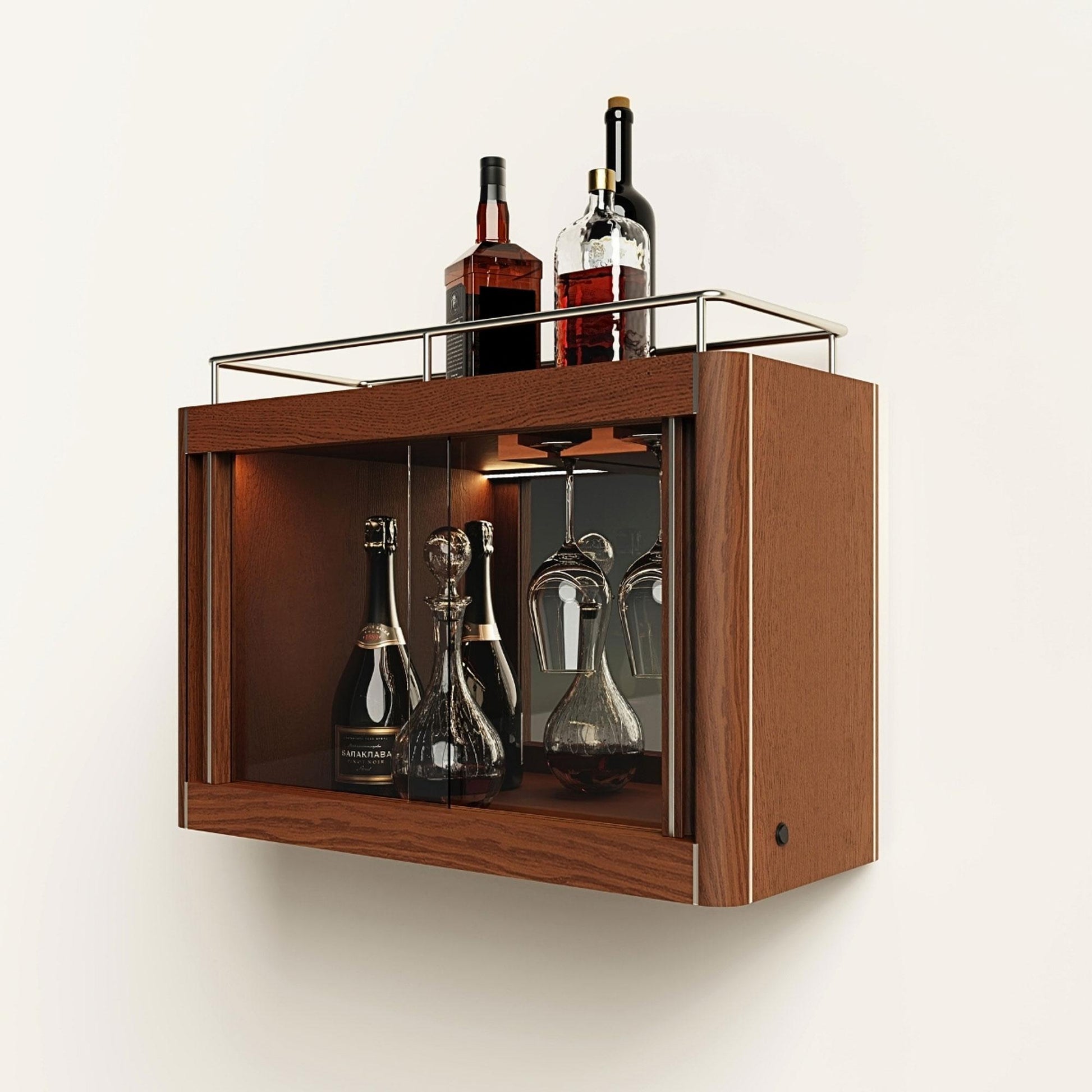Wooden wall-mounted bar cabinet with bottles and glasses on a white background
