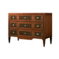 Wooden dresser with multiple drawers and gold handles on a white background