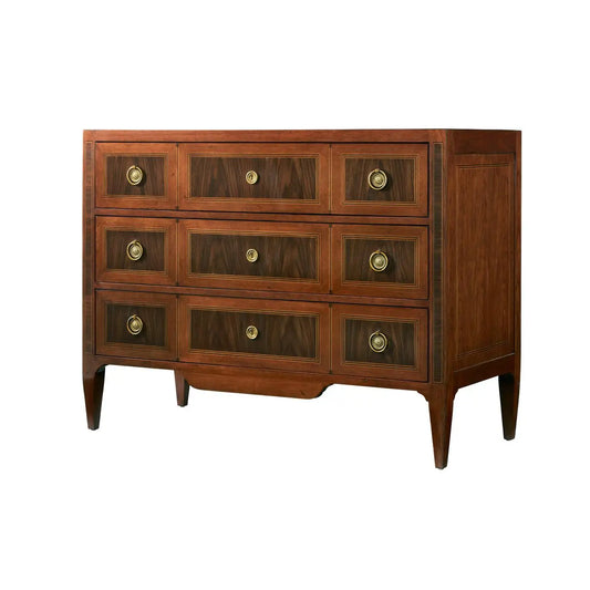 Wooden dresser with multiple drawers and gold handles on a white background