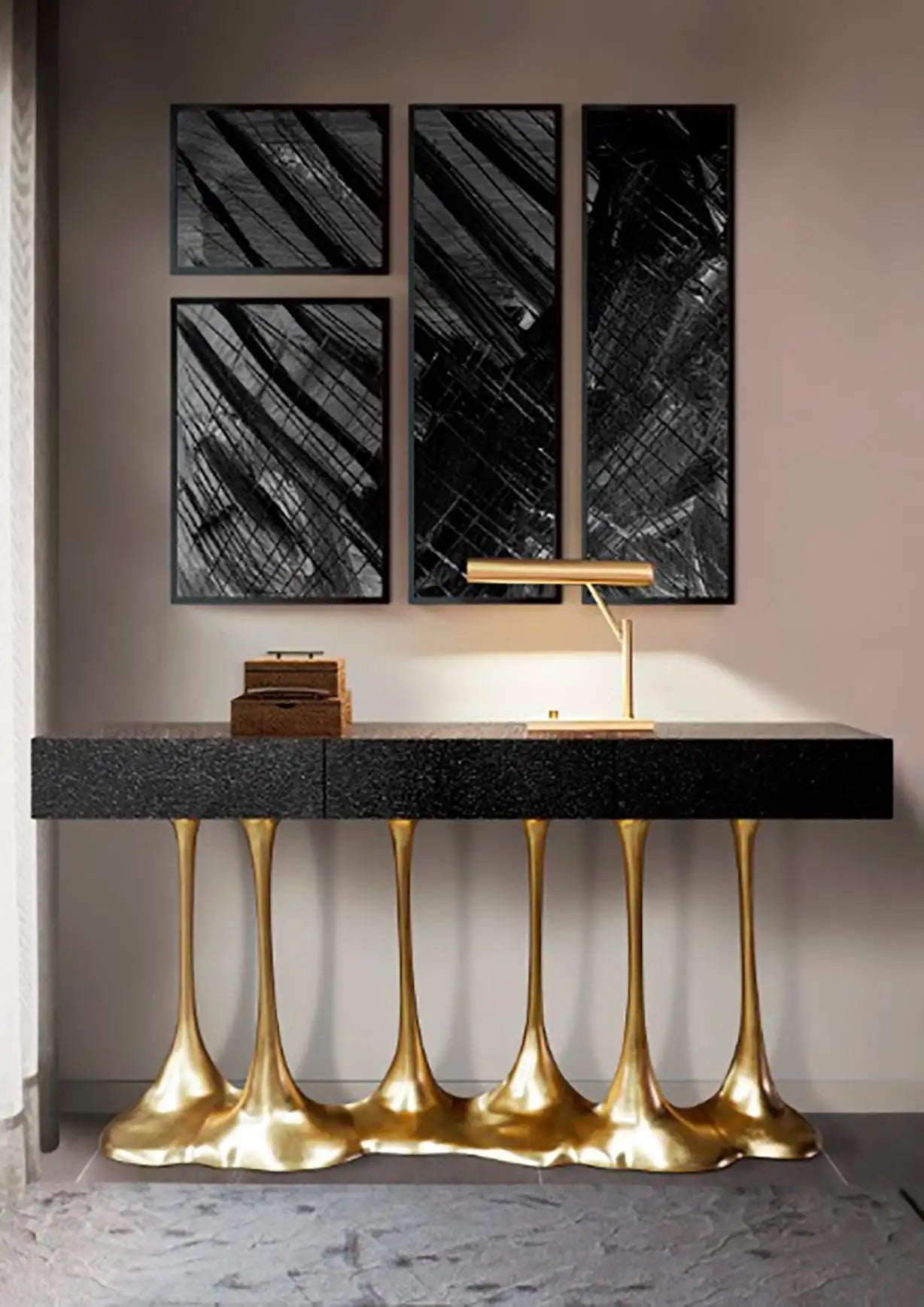 Sculptural and Luxurious "Argos" Futuristic Console Table in Black and Gold