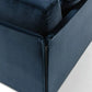 Navy blue sofa with a zipper detail on a white background
