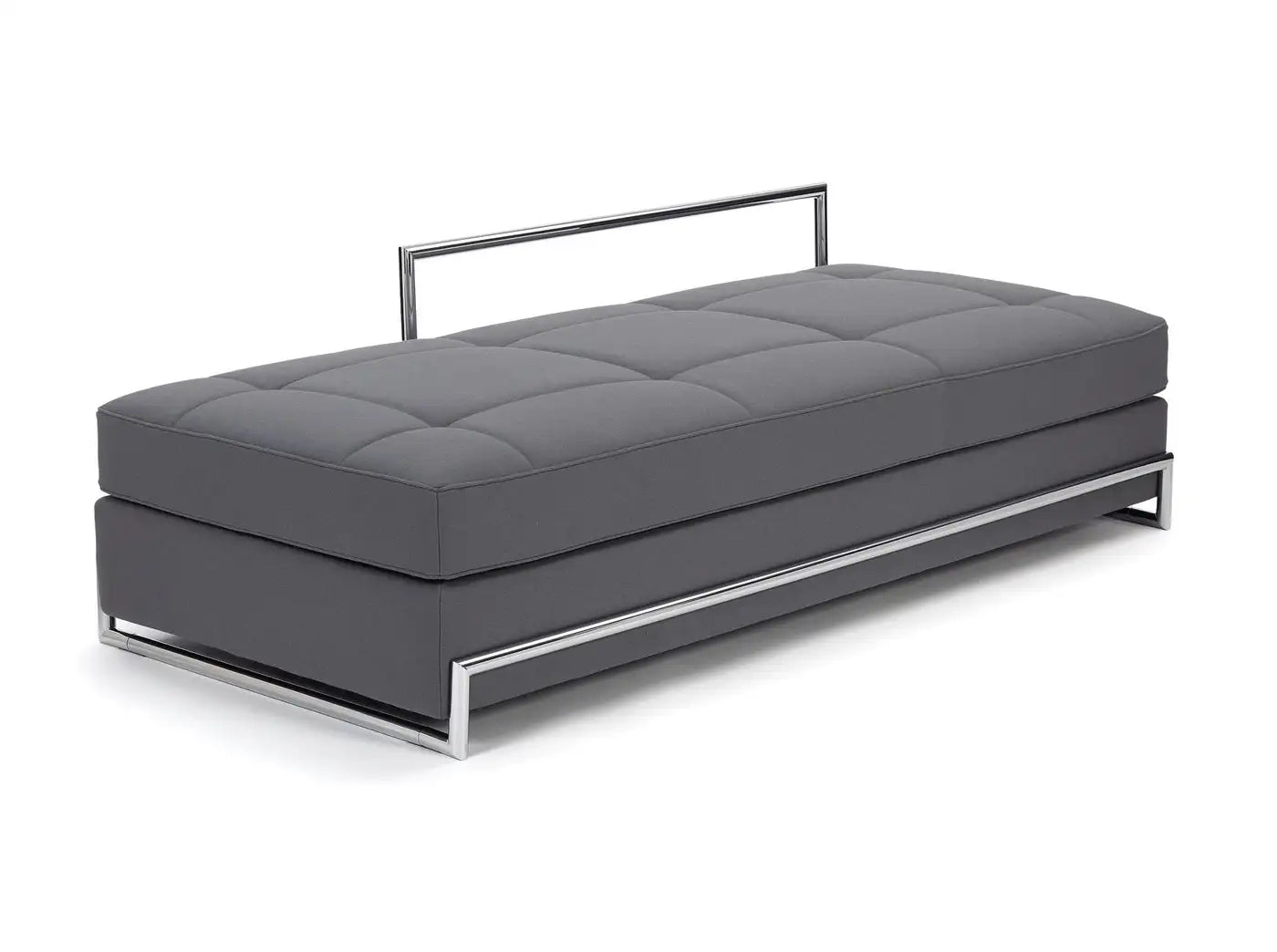 Gray upholstered bench with metal frame on a white background