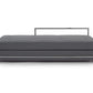 Gray upholstered bench with metal frame on a white background