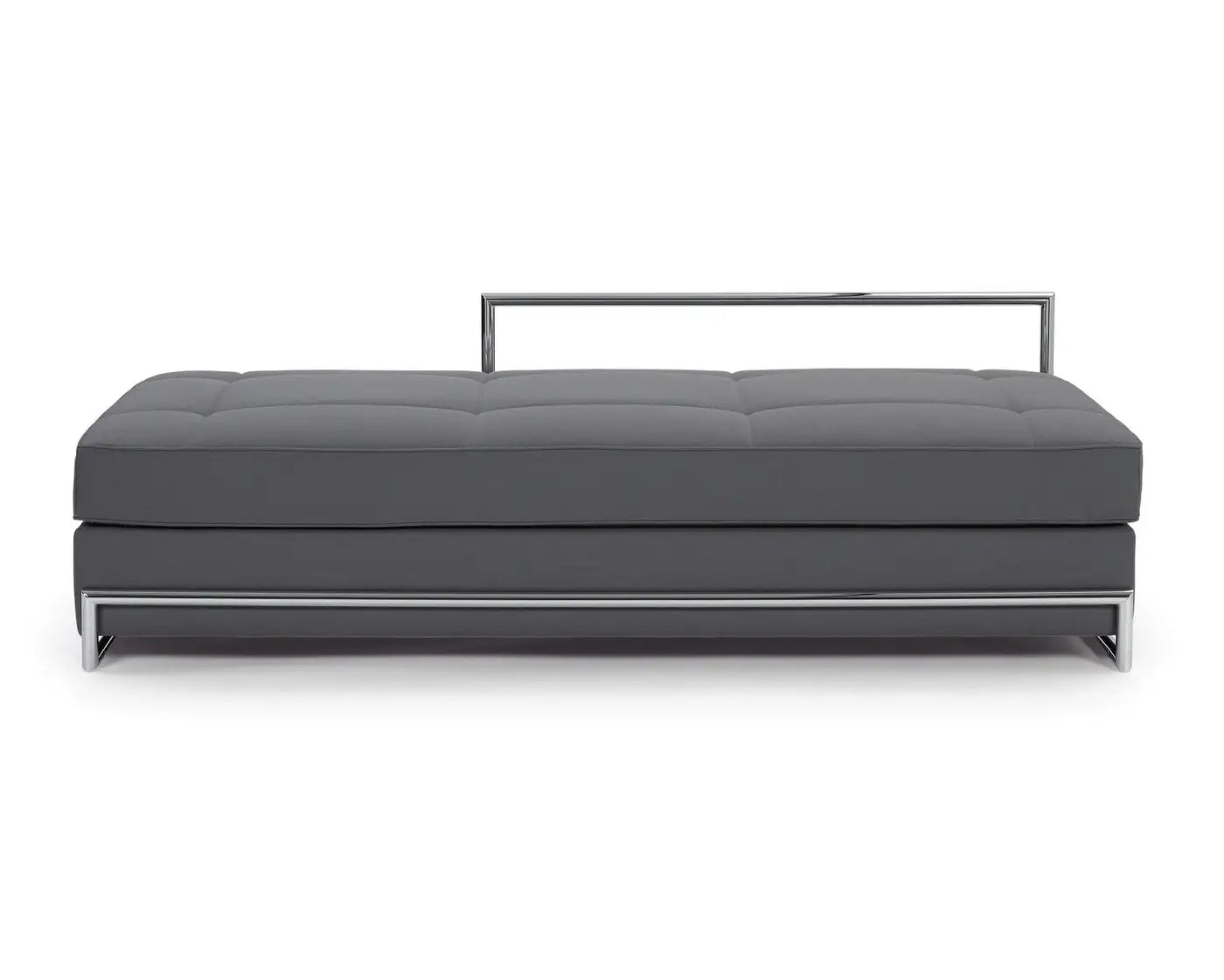 Gray upholstered bench with metal frame on a white background