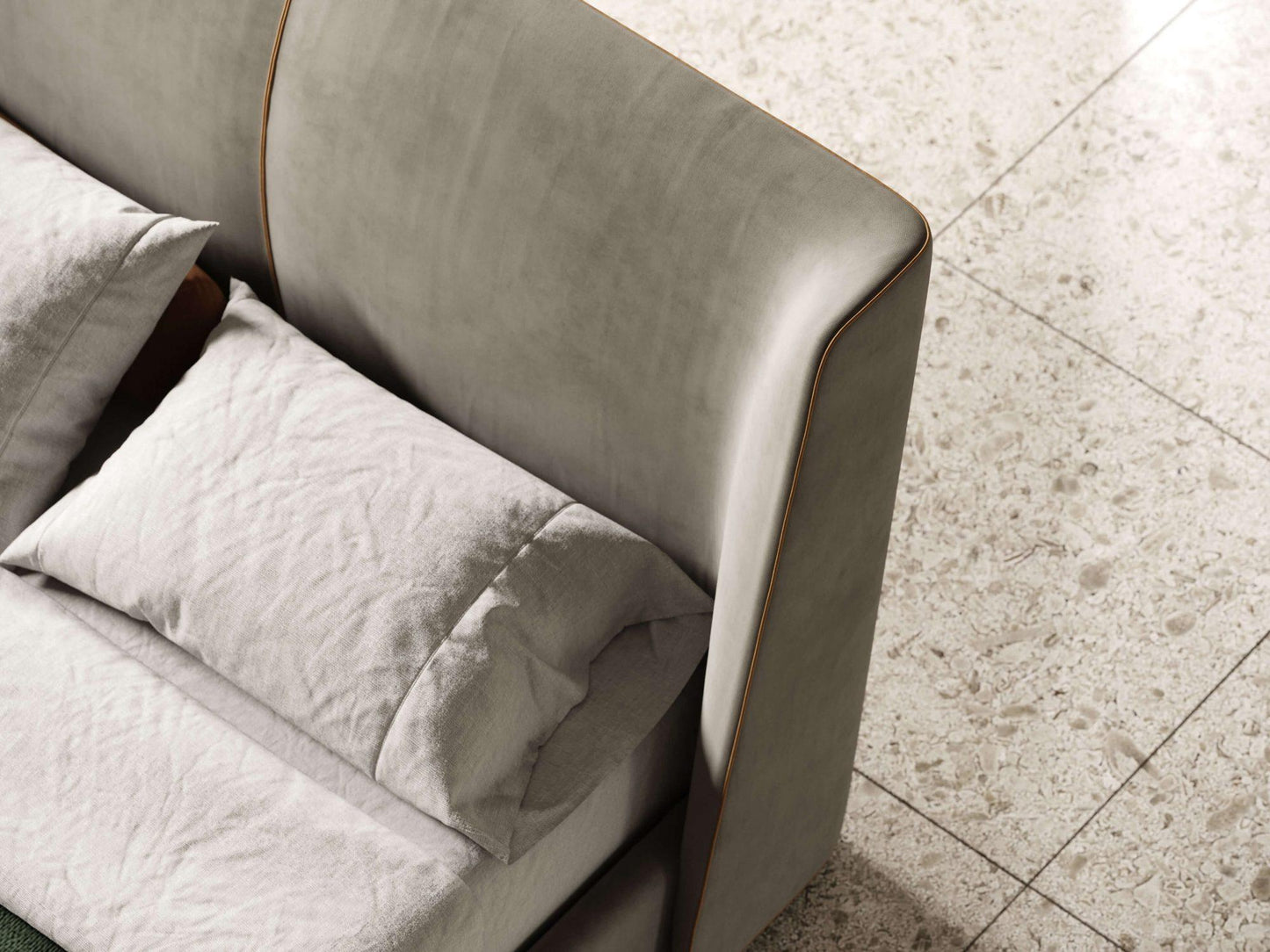 American King Bed Fully Upholstered in Velvet with Piping