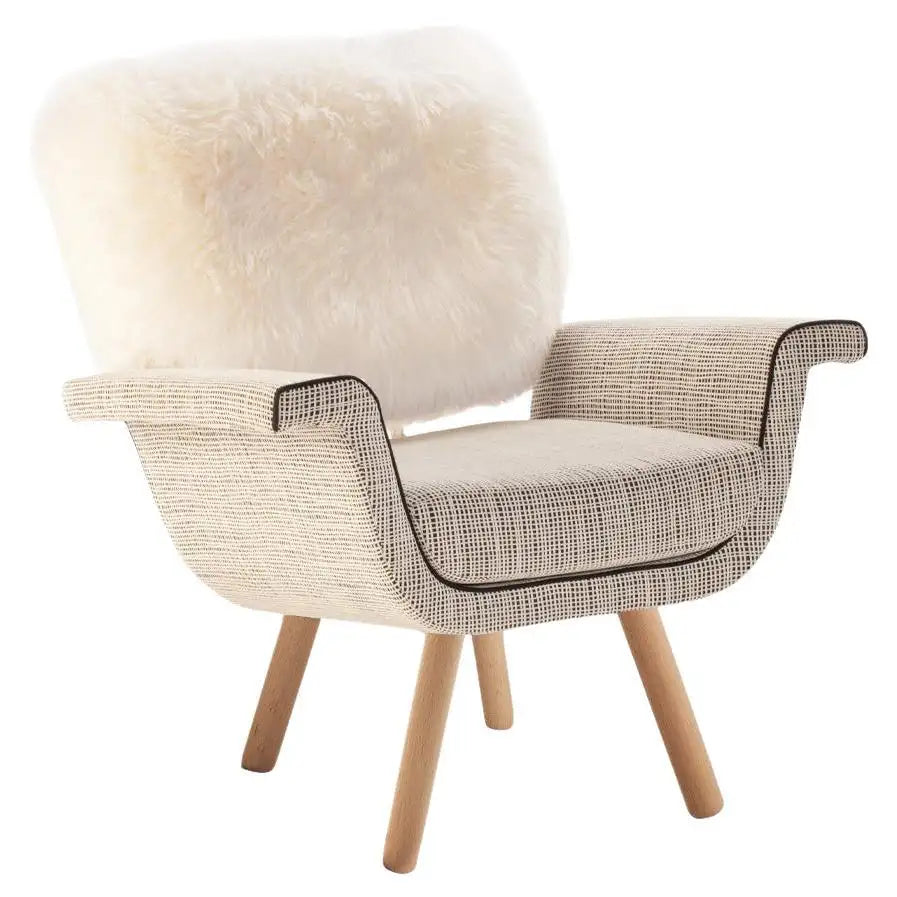 Ivy Armchair — Lamb Fur & Weaved Fabric Chair with Brass Details