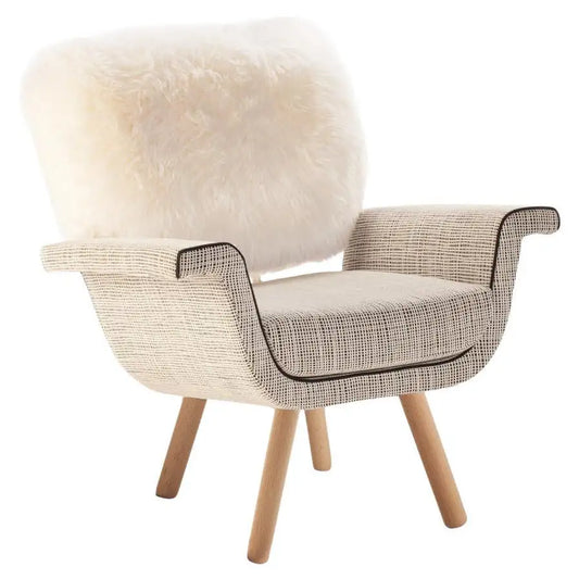 Ivy Armchair — Lamb Fur & Weaved Fabric Chair with Brass Details