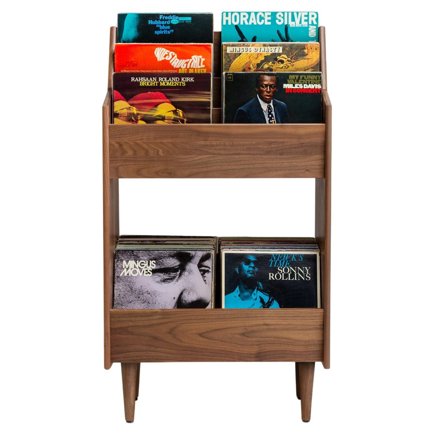 Wooden record player with vinyl records on a white background