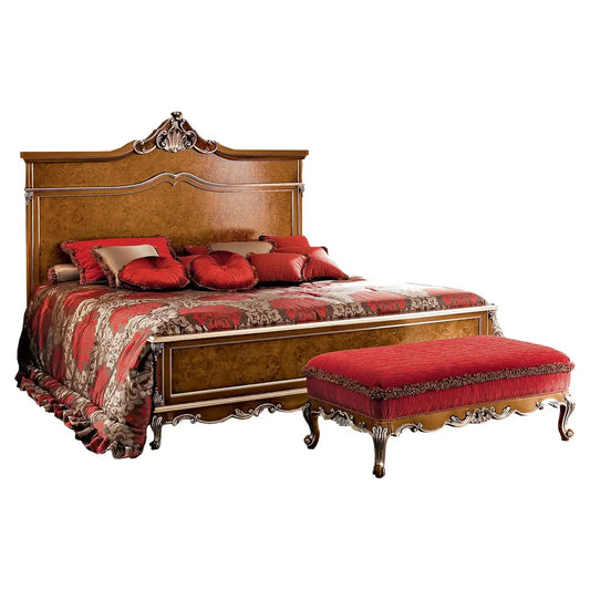 Decorative bedroom set with a bed and ottoman on a white background
