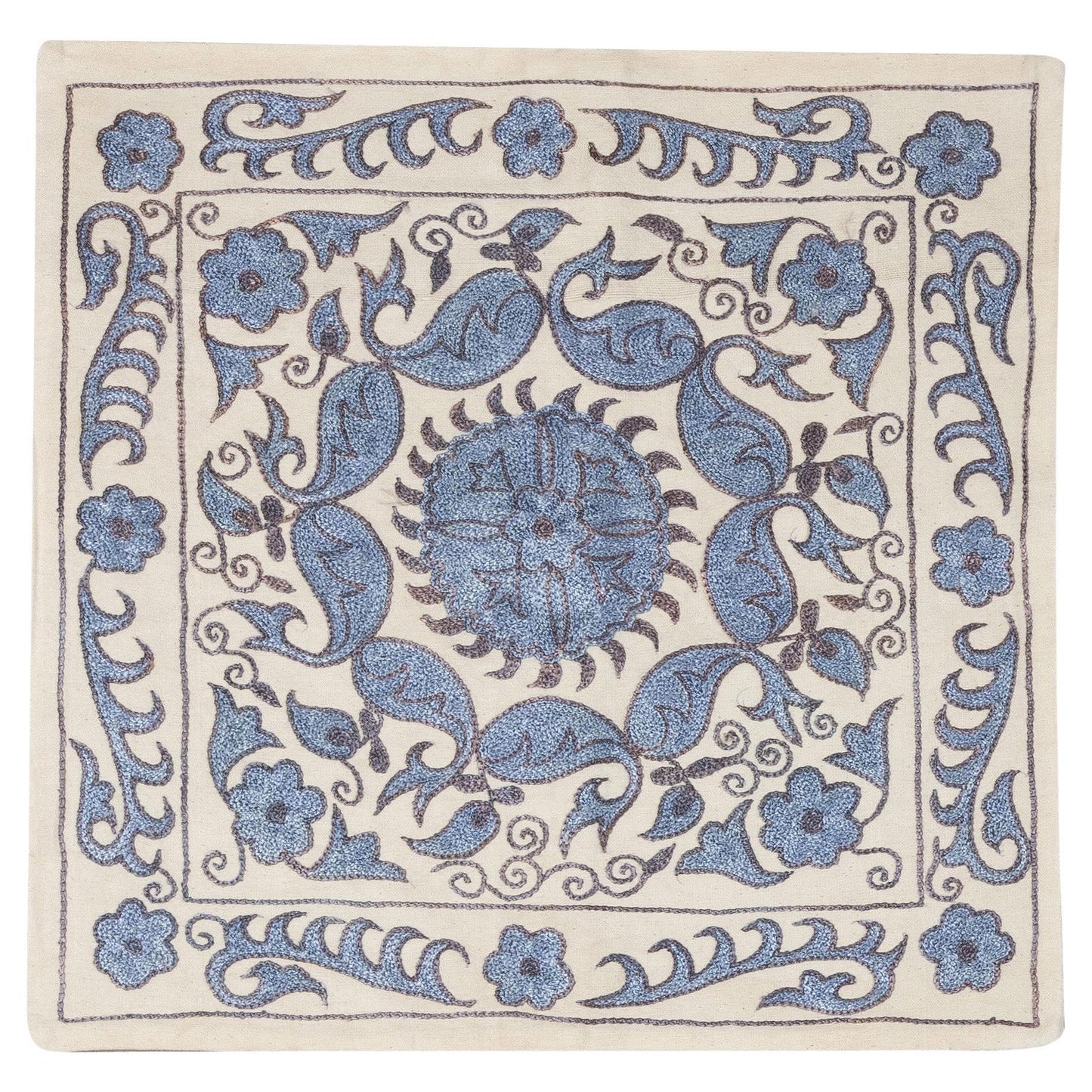 Floral Pattern Suzani Silk Pillow Case Light Blue & Ivory, 46 × 46 cm